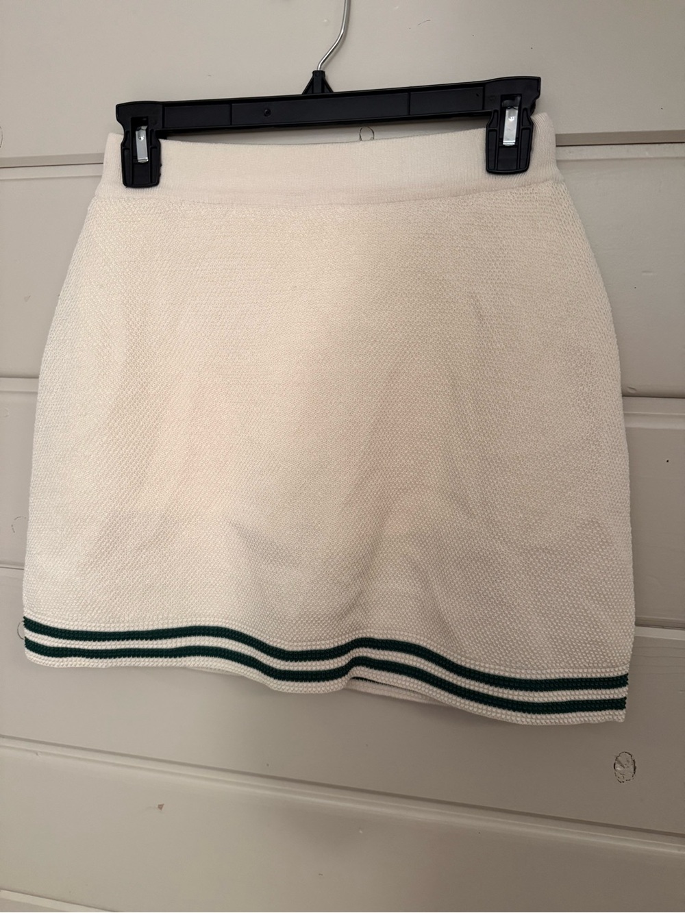 HALARA Cream Knit Mini Skirt with Green Stripe Hem